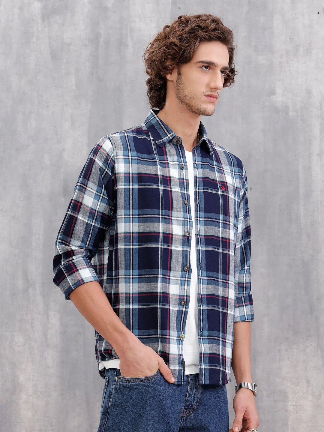 100 %Cotton Check Pattern Regular Fit Shirt | Navy Blue - Image 4
