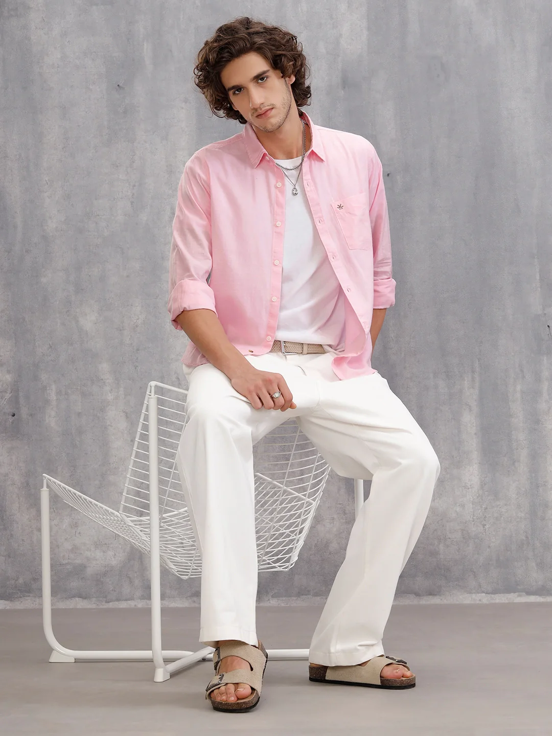 100% Cotton Slub Causal Look Slim Fit Solid Shirt | Pink - Image 2