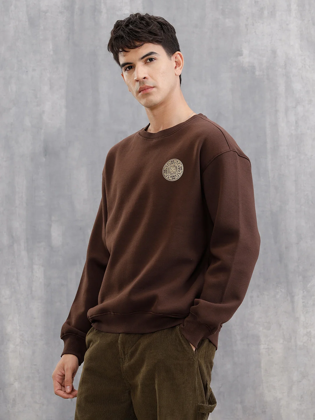 3D Gold Foil Printed Crew Pullover Sweat In Comfort Fit  |  Brown - Image 3