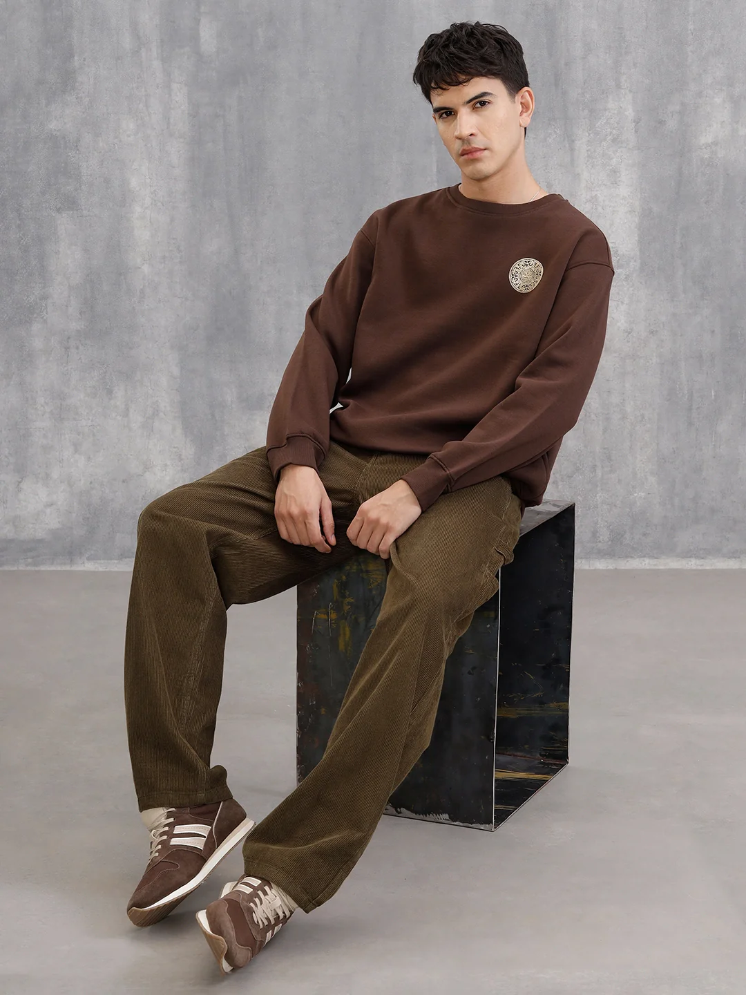 3D Gold Foil Printed Crew Pullover Sweat In Comfort Fit  |  Brown - Image 4