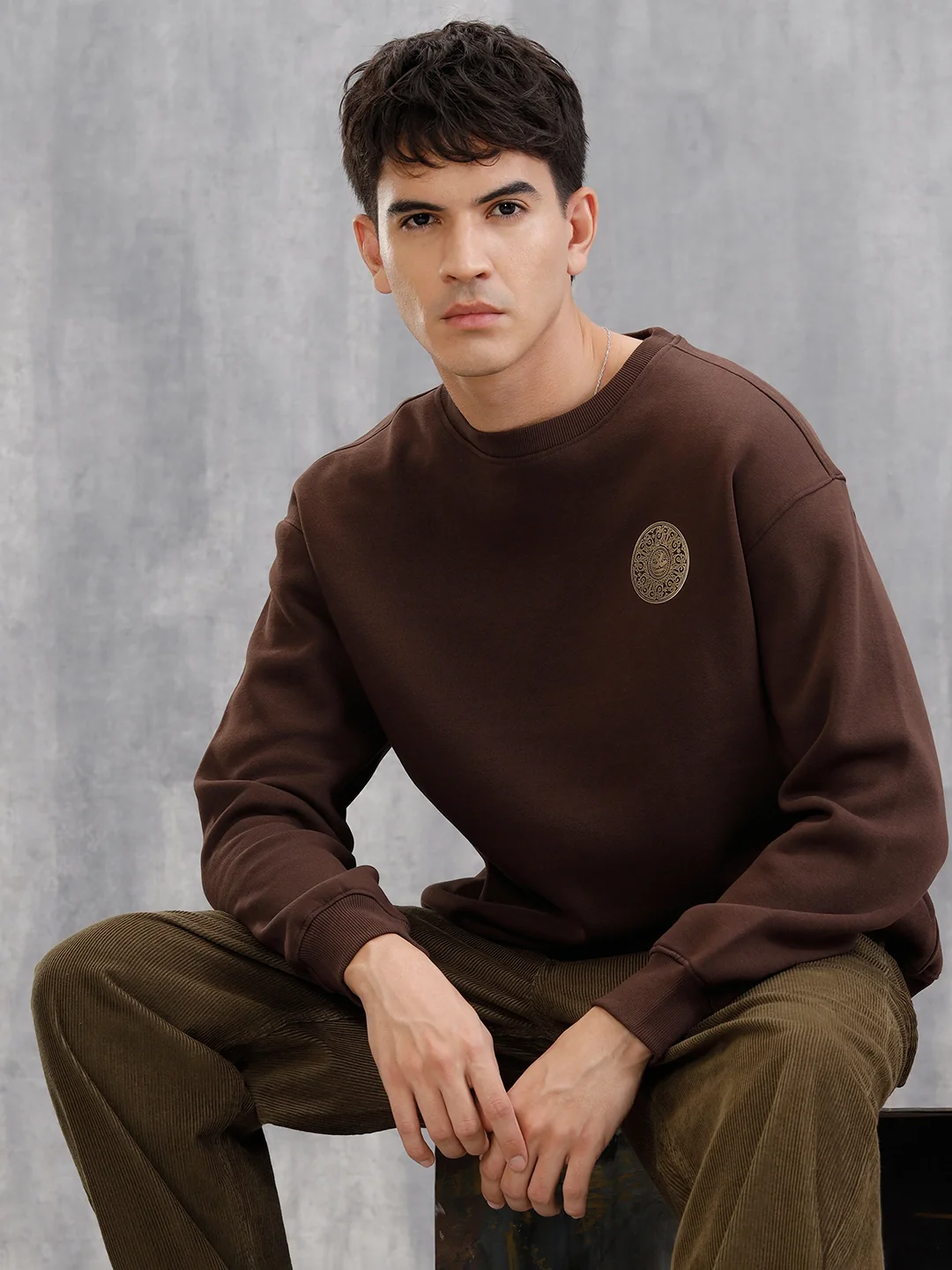 3D Gold Foil Printed Crew Pullover Sweat In Comfort Fit  |  Brown - Image 7