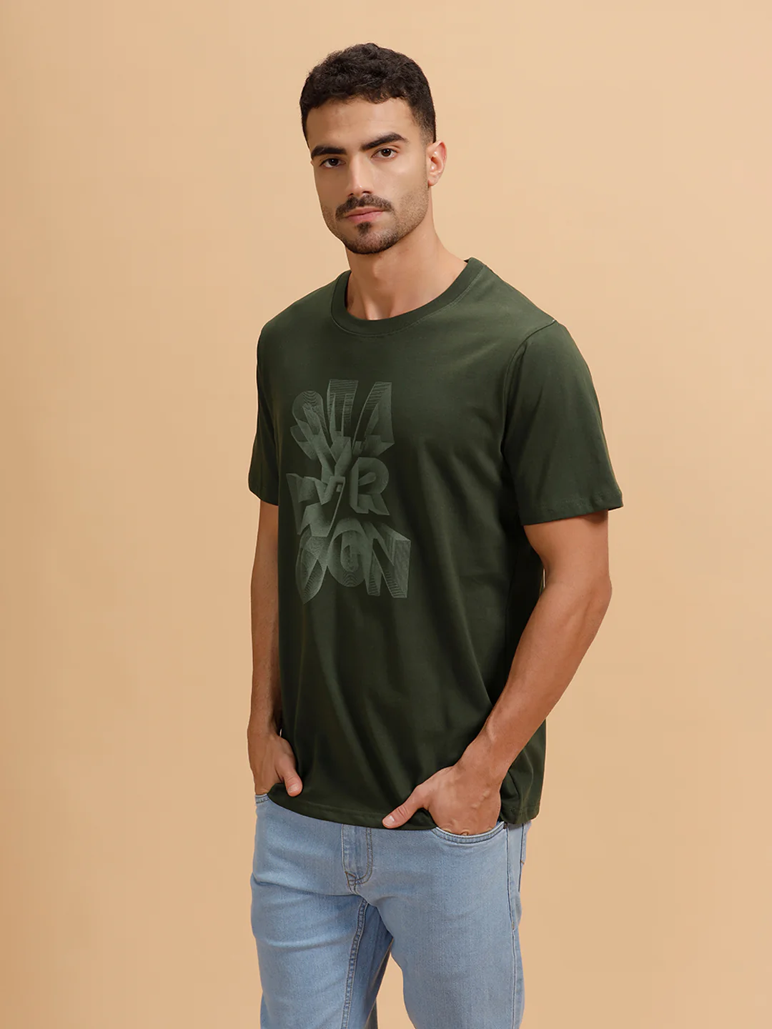 3D Wireframe Printed T-Shirt | Olive - Image 4
