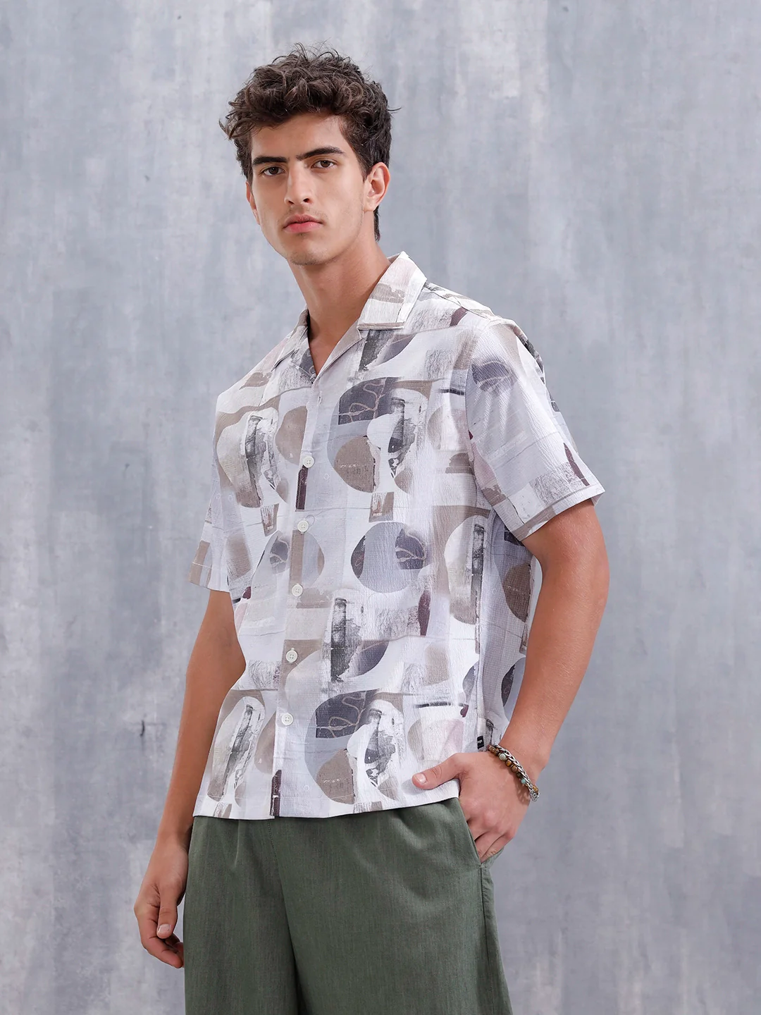 Abstract Aop Printed Comfort Fit Resort Collar Shirt | Grey - Image 4