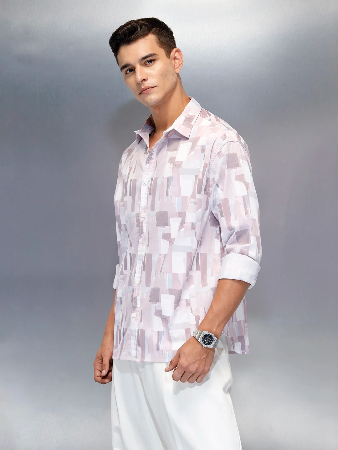 Abstract Aop Printed Oversized Fit Men's Casual Shirt | Pink - Image 4