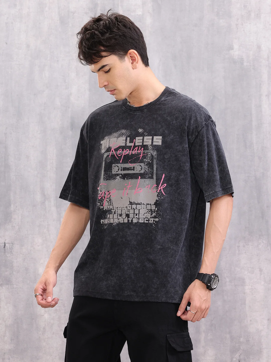 Acid Wash Graphic Printed Oversized Fit T-Shirt | Black - Image 4