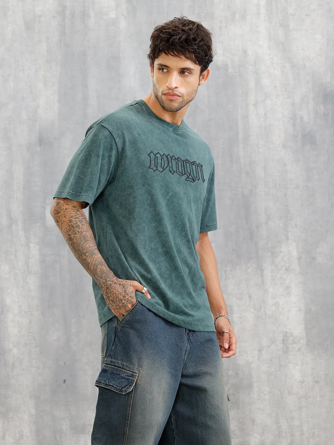Acid Wash Oversized Fit T-shirt With Embroidery | Dark Green - Image 4
