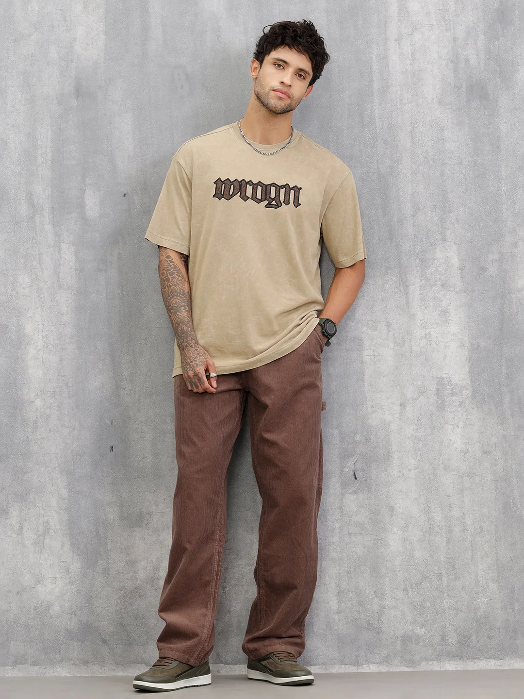 Acid Wash Oversized Fit T-shirt With Embroidery | Khaki - Image 2