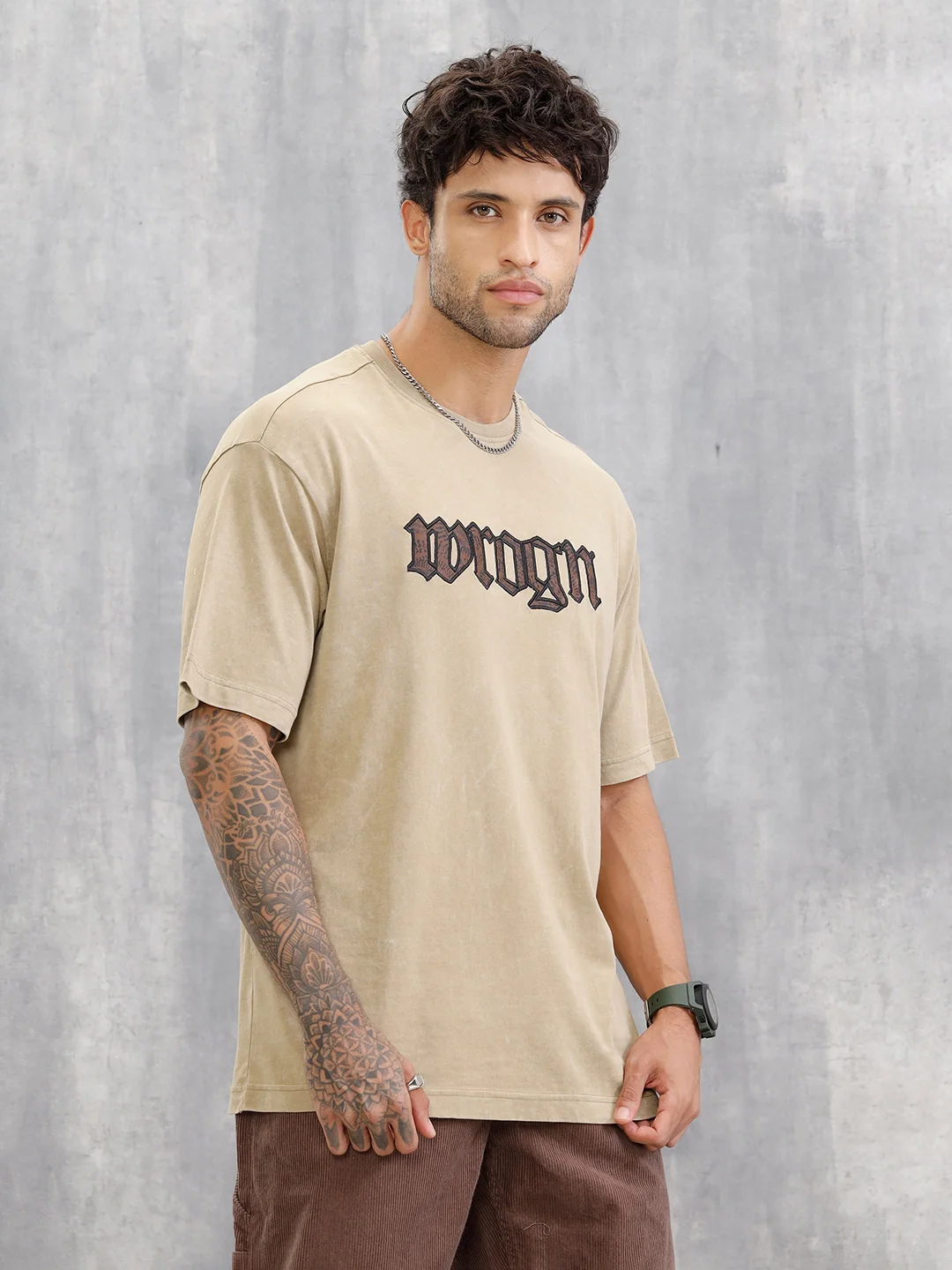 Acid Wash Oversized Fit T-shirt With Embroidery | Khaki - Image 4