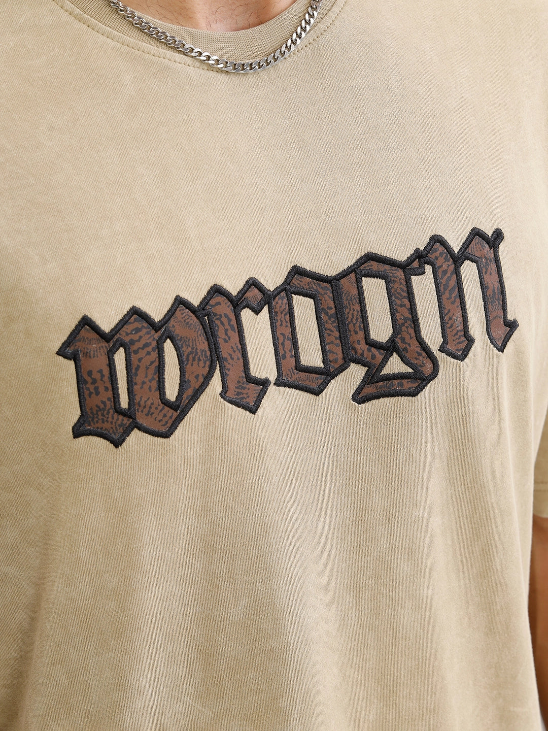 Acid Wash Oversized Fit T-shirt With Embroidery | Khaki - Image 5