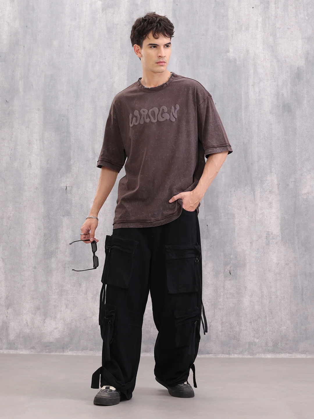 Acid Wash Puff Print Oversized Fit T-Shirt With Raw Edge Detail | Brown - Image 2