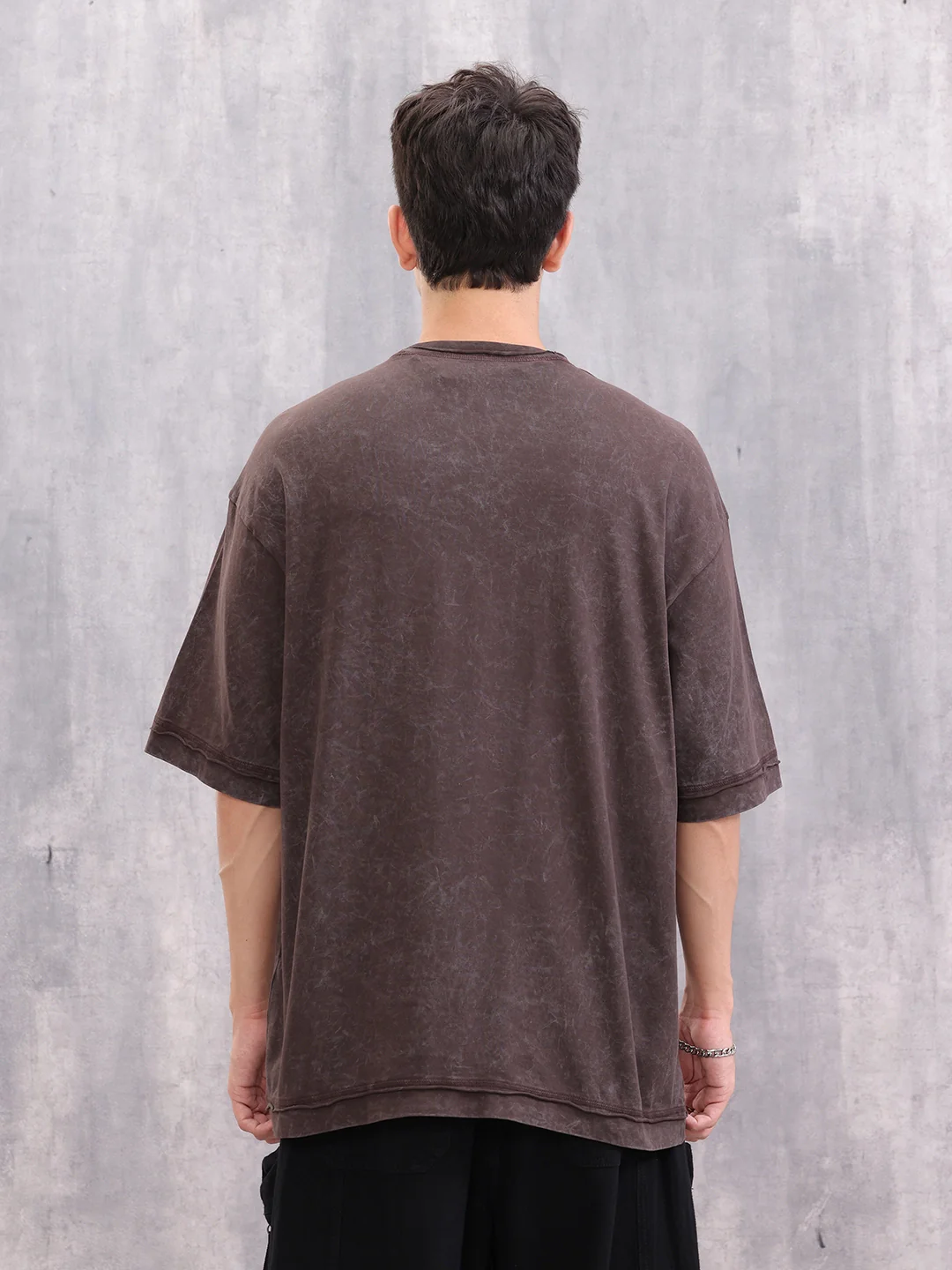 Acid Wash Puff Print Oversized Fit T-Shirt With Raw Edge Detail | Brown - Image 3