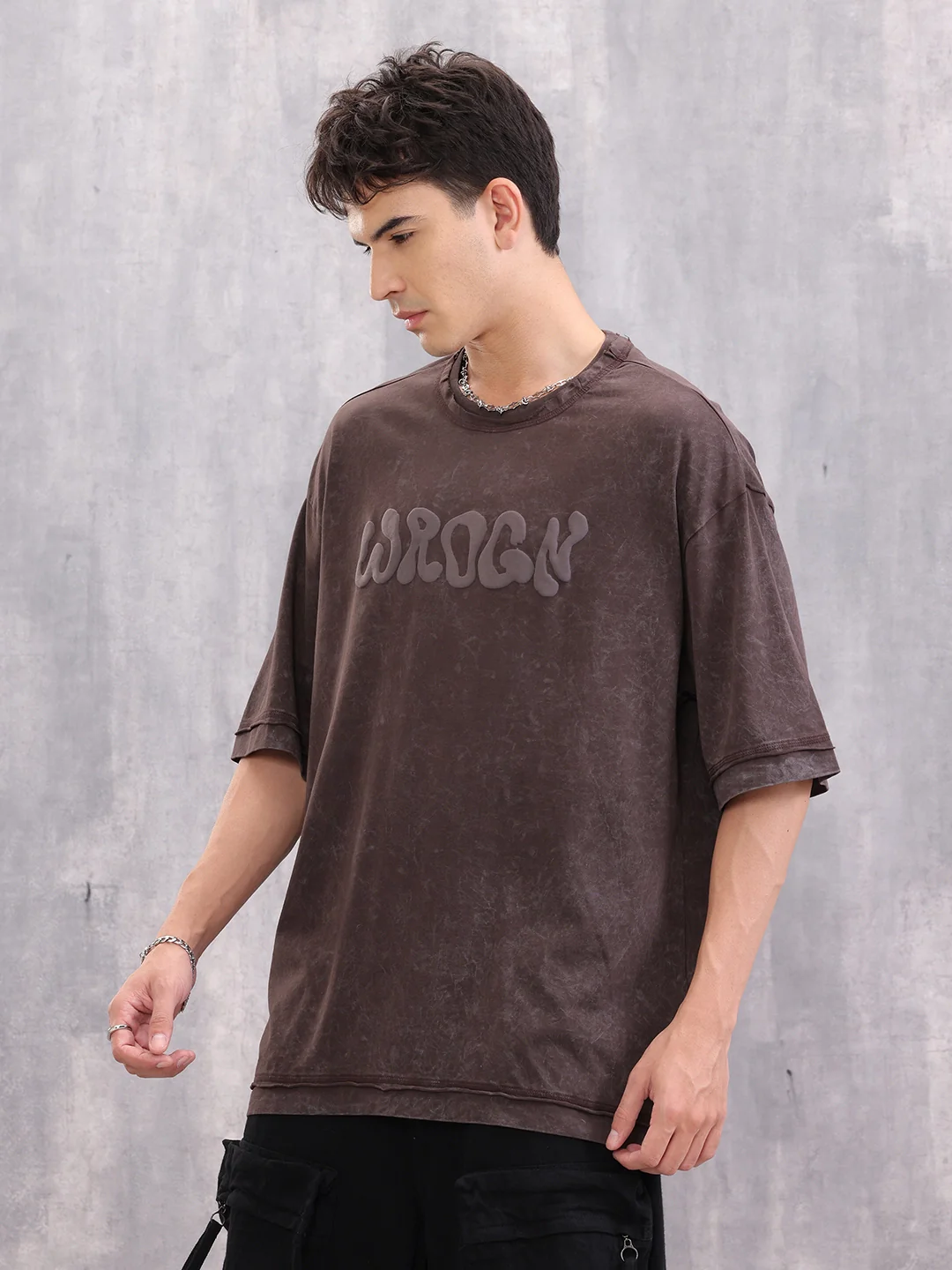 Acid Wash Puff Print Oversized Fit T-Shirt With Raw Edge Detail | Brown - Image 4
