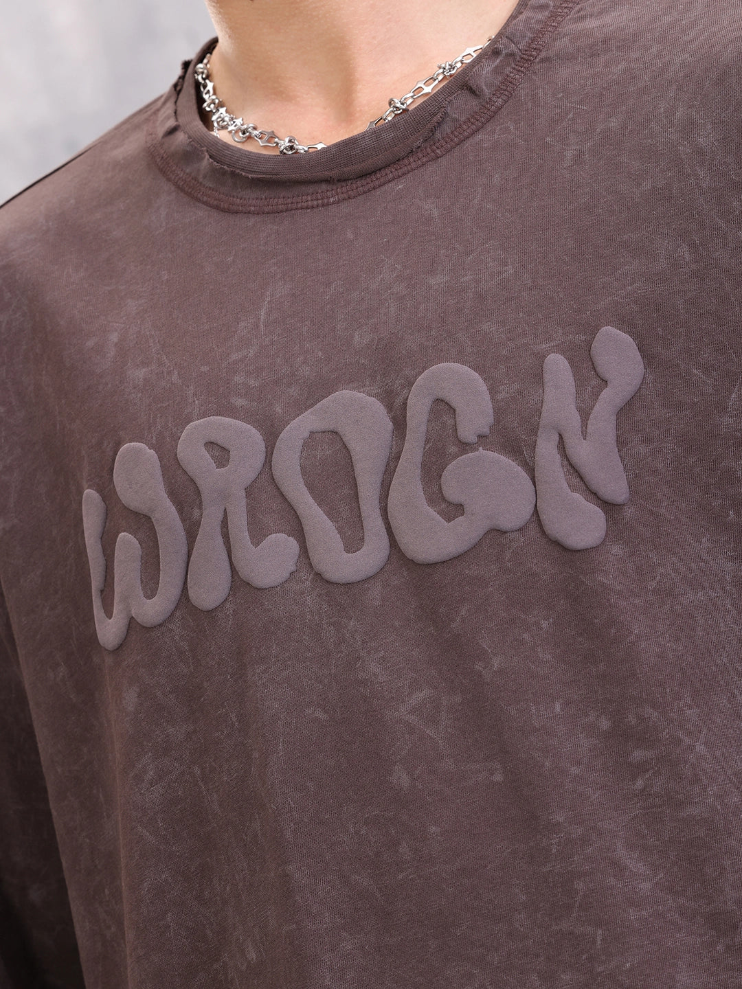 Acid Wash Puff Print Oversized Fit T-Shirt With Raw Edge Detail | Brown - Image 5