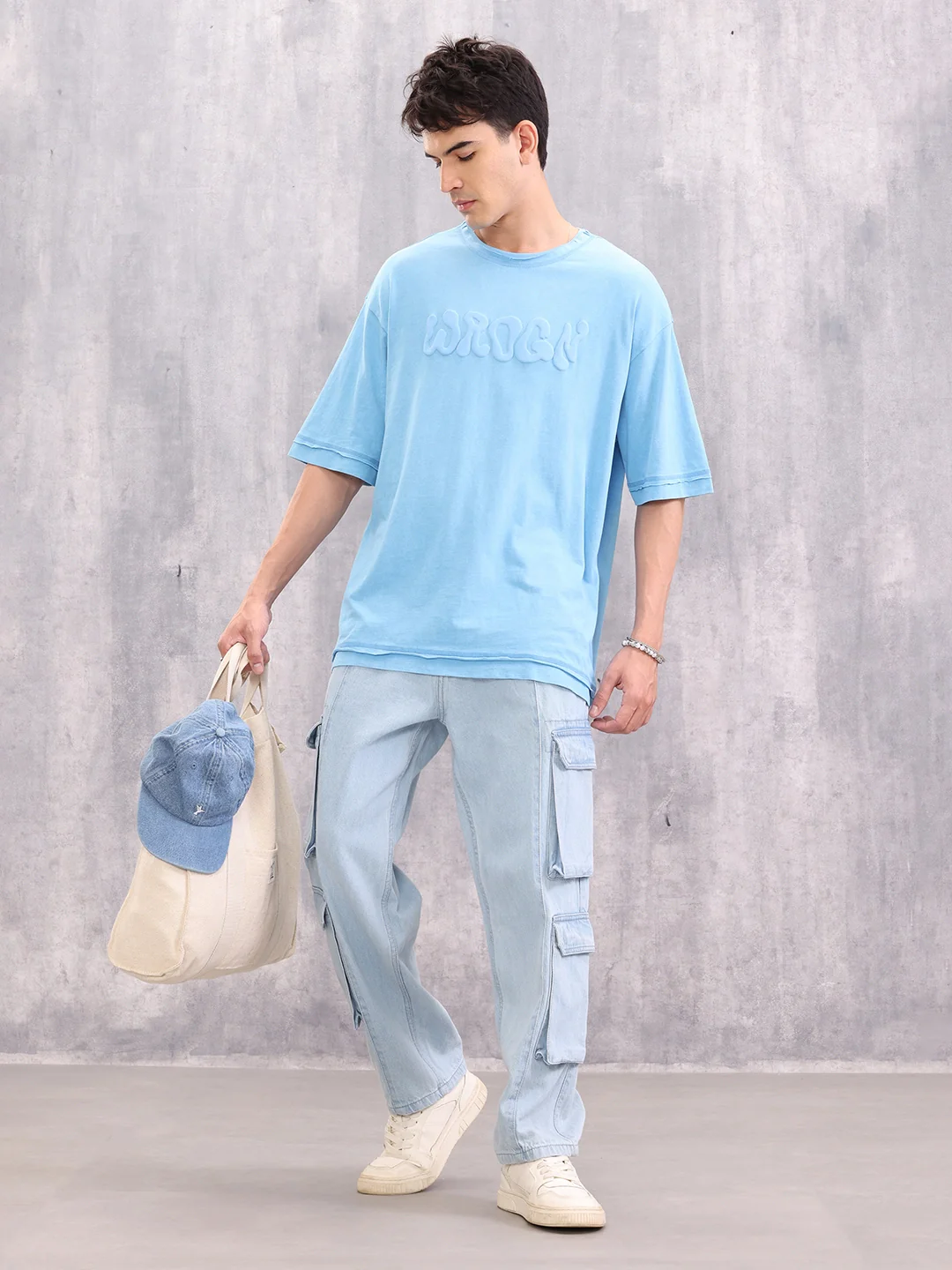 Acid Wash Puff Print Raw Edge Detail T-shirt | Light Blue - Image 2
