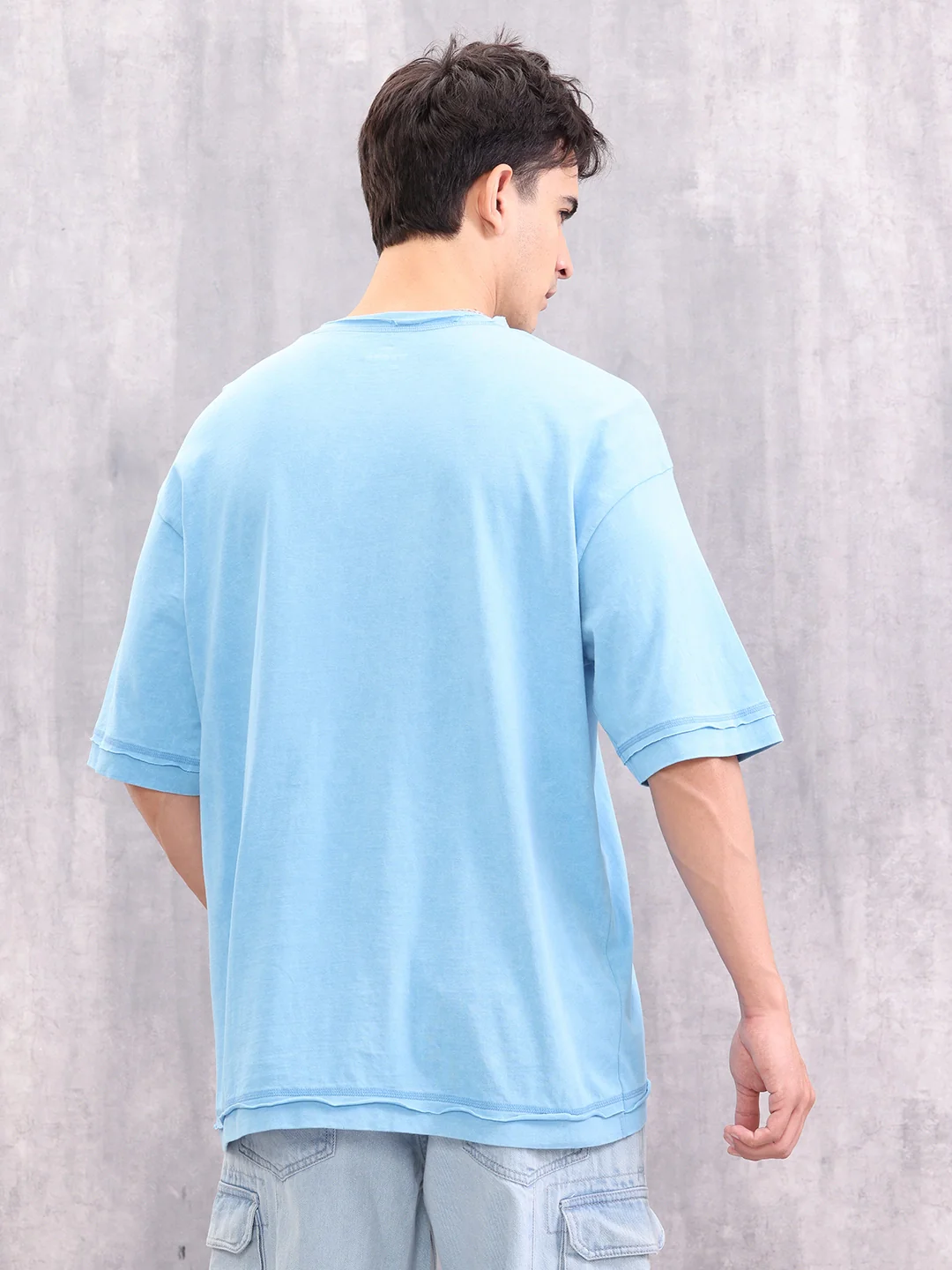 Acid Wash Puff Print Raw Edge Detail T-shirt | Light Blue - Image 3
