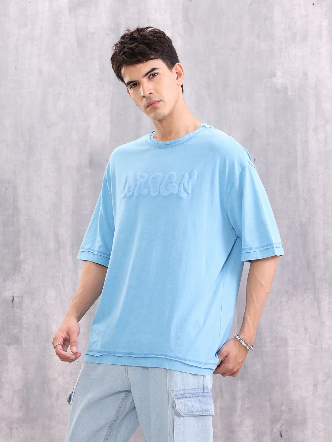 Acid Wash Puff Print Raw Edge Detail T-shirt | Light Blue - Image 4