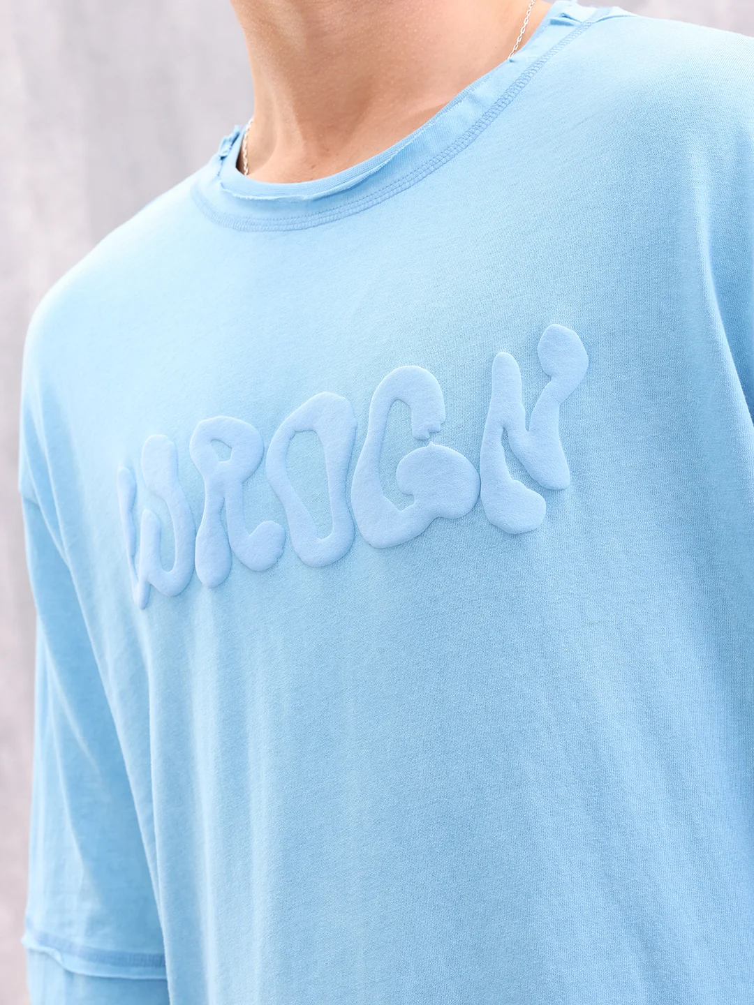 Acid Wash Puff Print Raw Edge Detail T-shirt | Light Blue - Image 5