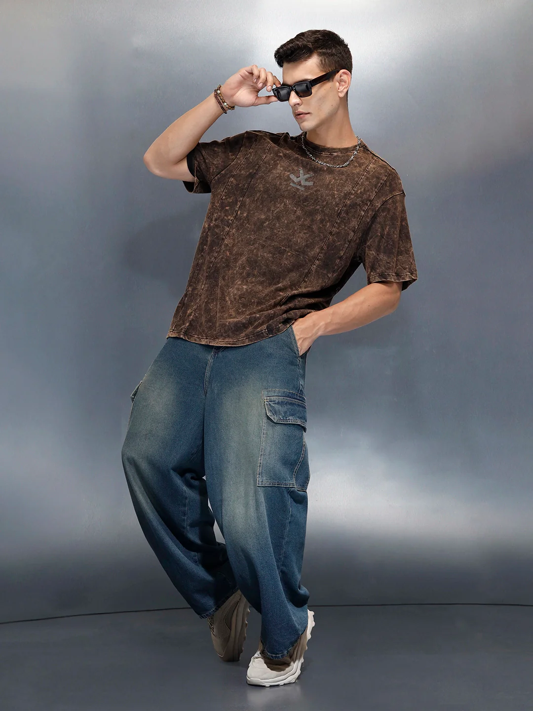 Acid Washed Oversized Fit Worgn Printed T-Shirt | Black - Image 2