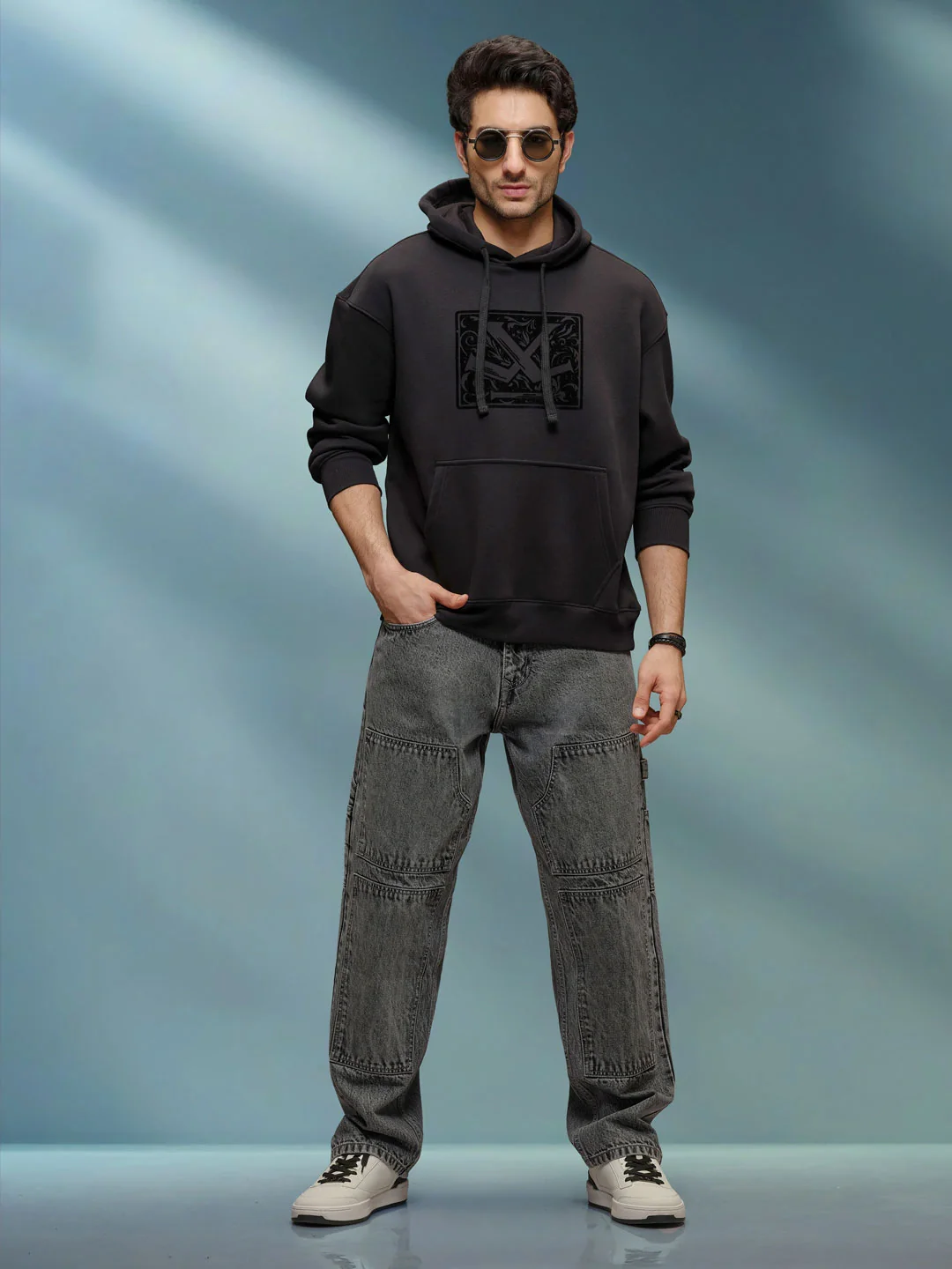 Adorned Logo In Velvet Flock Print On Oversized Hoodie Pullover | Black - Image 2