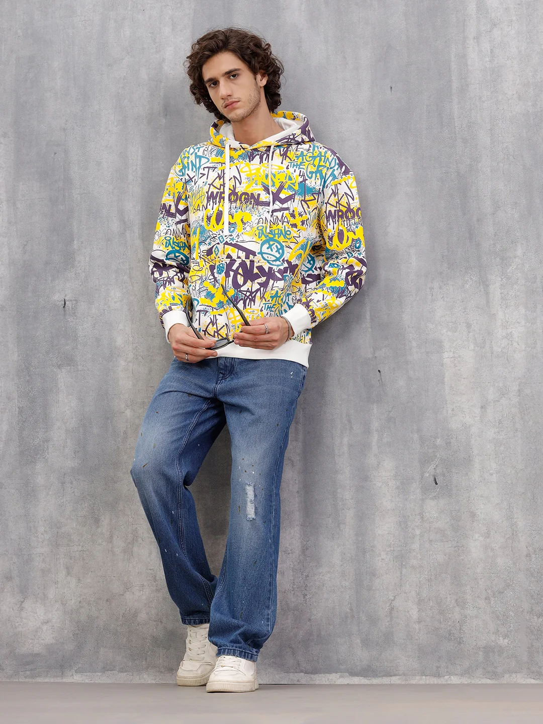 All Over Graffiti Print In Oversized Hoodie Pullover  |  Yellow - Image 5