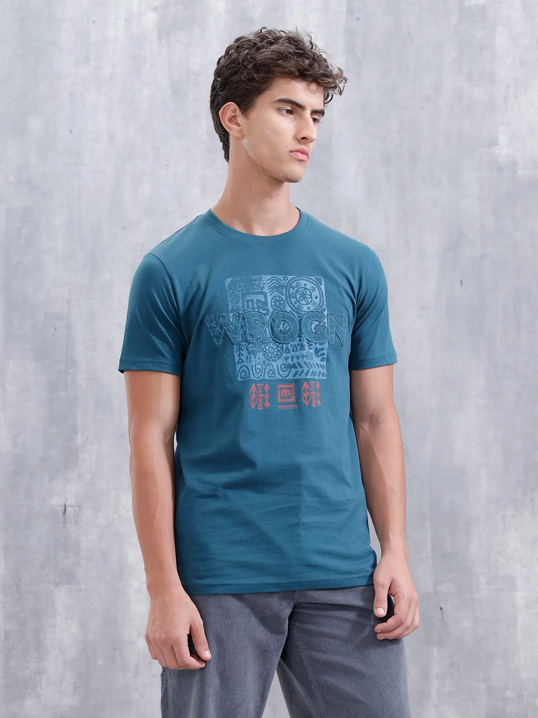 Ancient Markings Inspired Slim Fit Patchwork Brand Carrier T-Shirt | Teal - Image 4