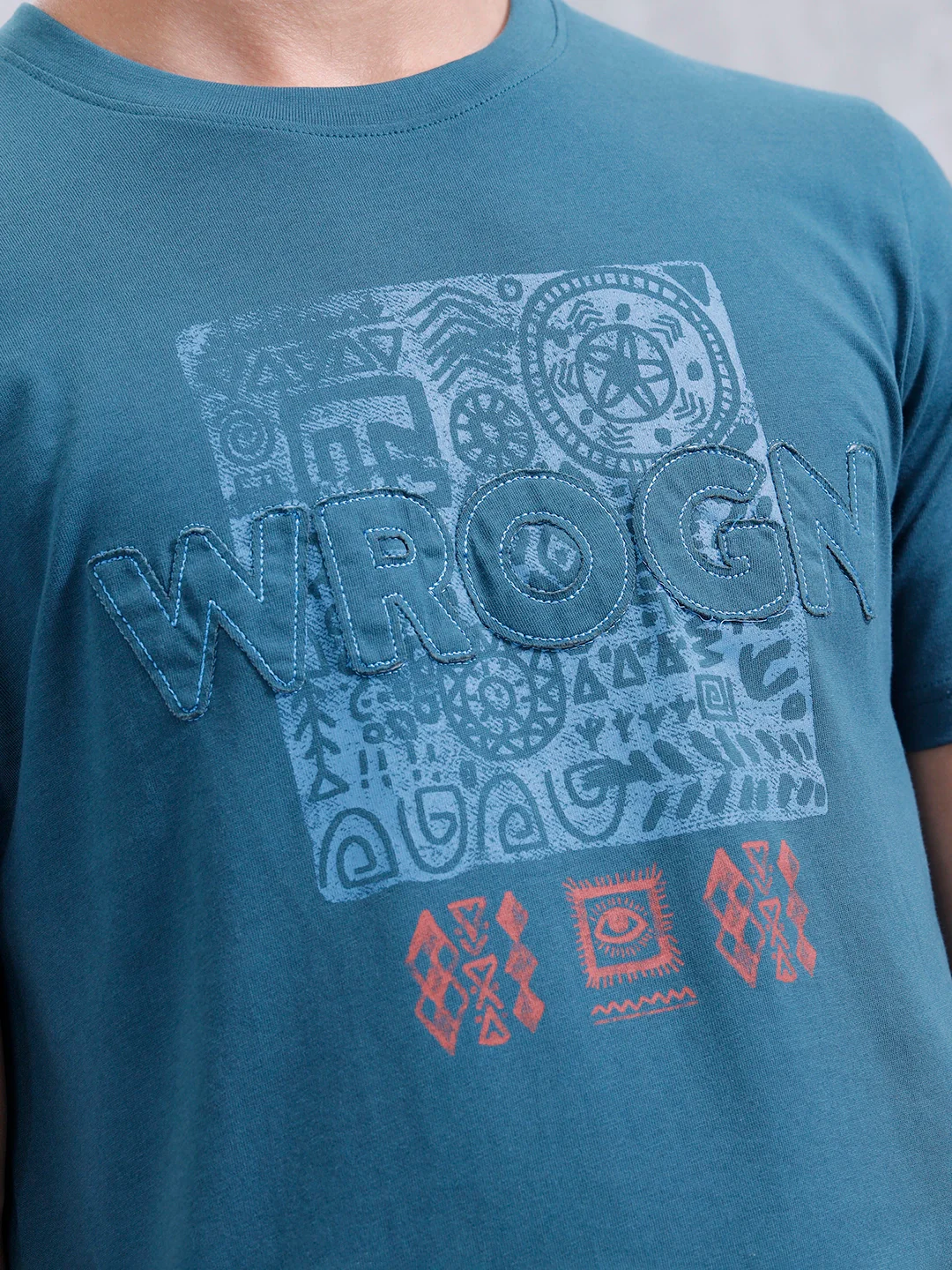 Ancient Markings Inspired Slim Fit Patchwork Brand Carrier T-Shirt | Teal - Image 5