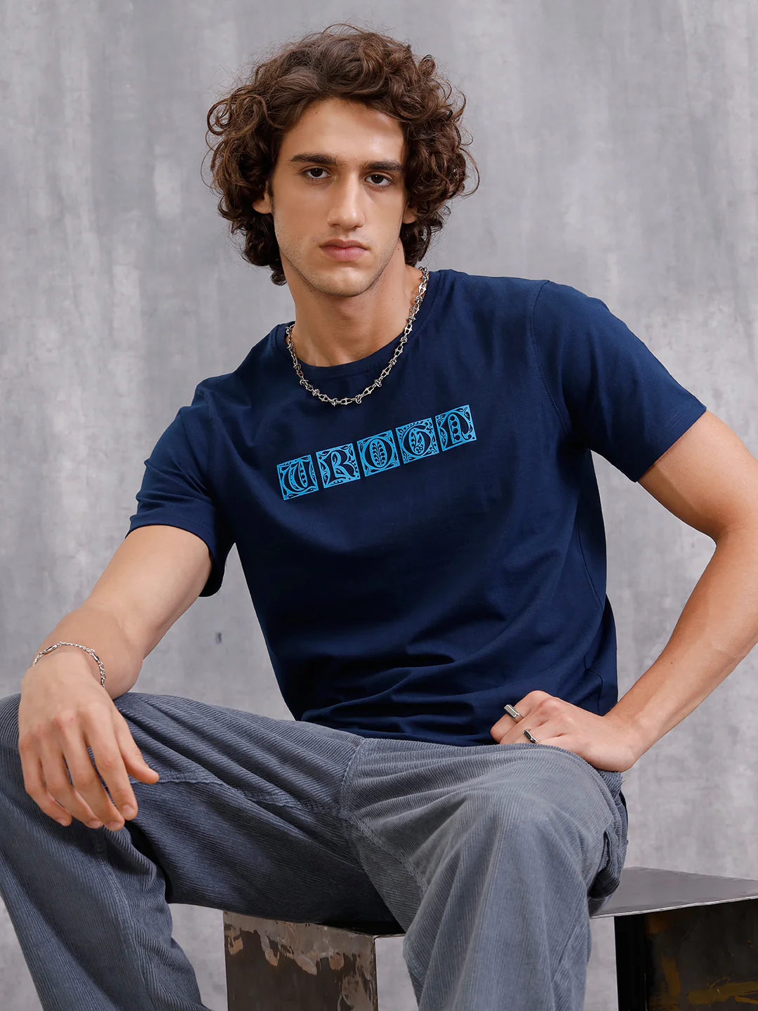 Ancient Script Inspired 3D Print Brand Carrier T-Shirt  | Navy Blue - Image 4