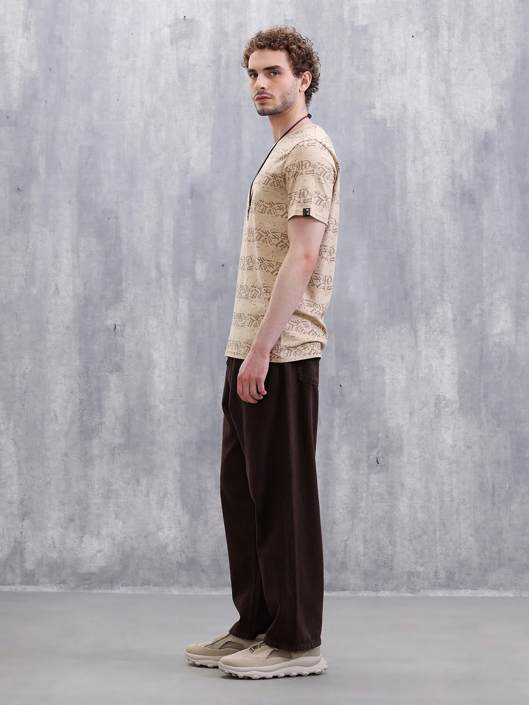 Ancient Script Striped AOP T-Shirt | Khaki - Image 2