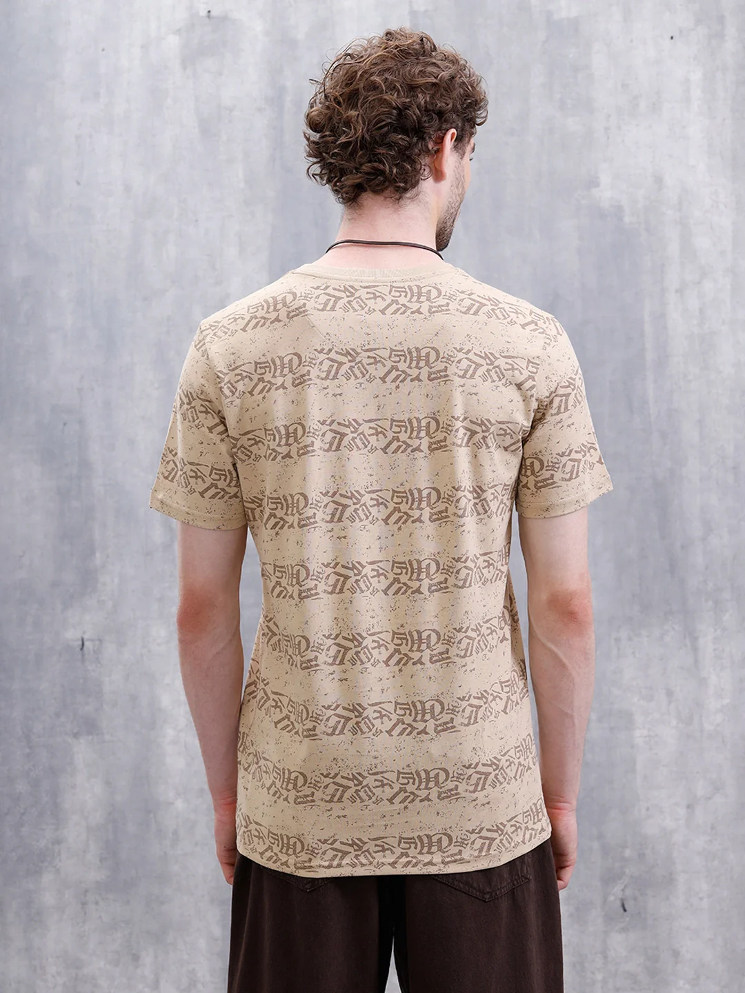 Ancient Script Striped AOP T-Shirt | Khaki - Image 3