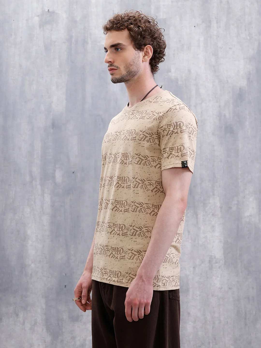 Ancient Script Striped AOP T-Shirt | Khaki - Image 4