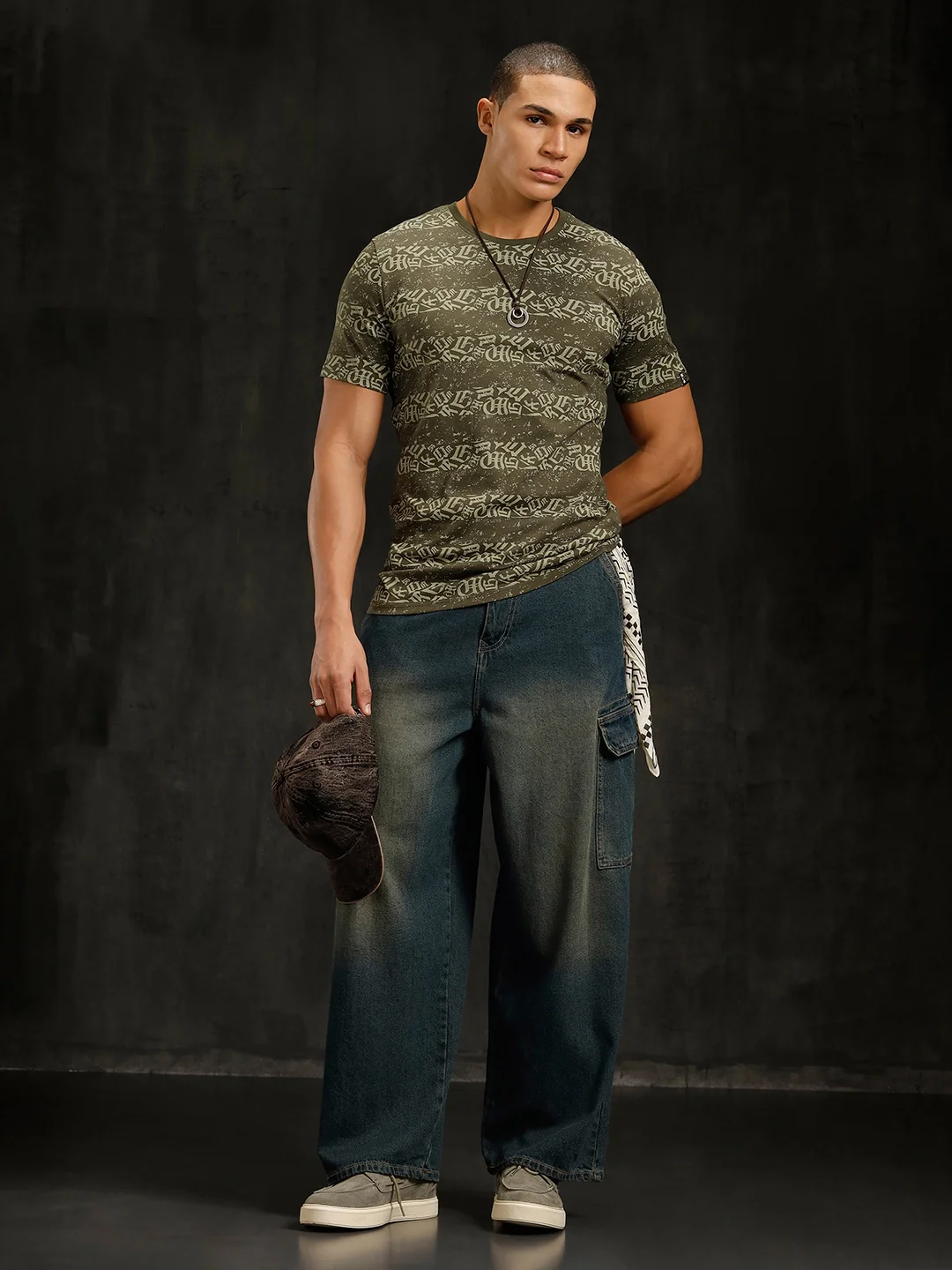 Ancient Script Striped AOP T-Shirt | Olive - Image 2