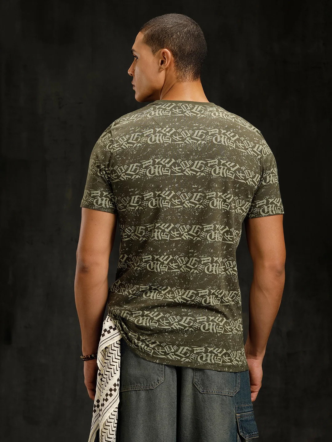 Ancient Script Striped AOP T-Shirt | Olive - Image 3