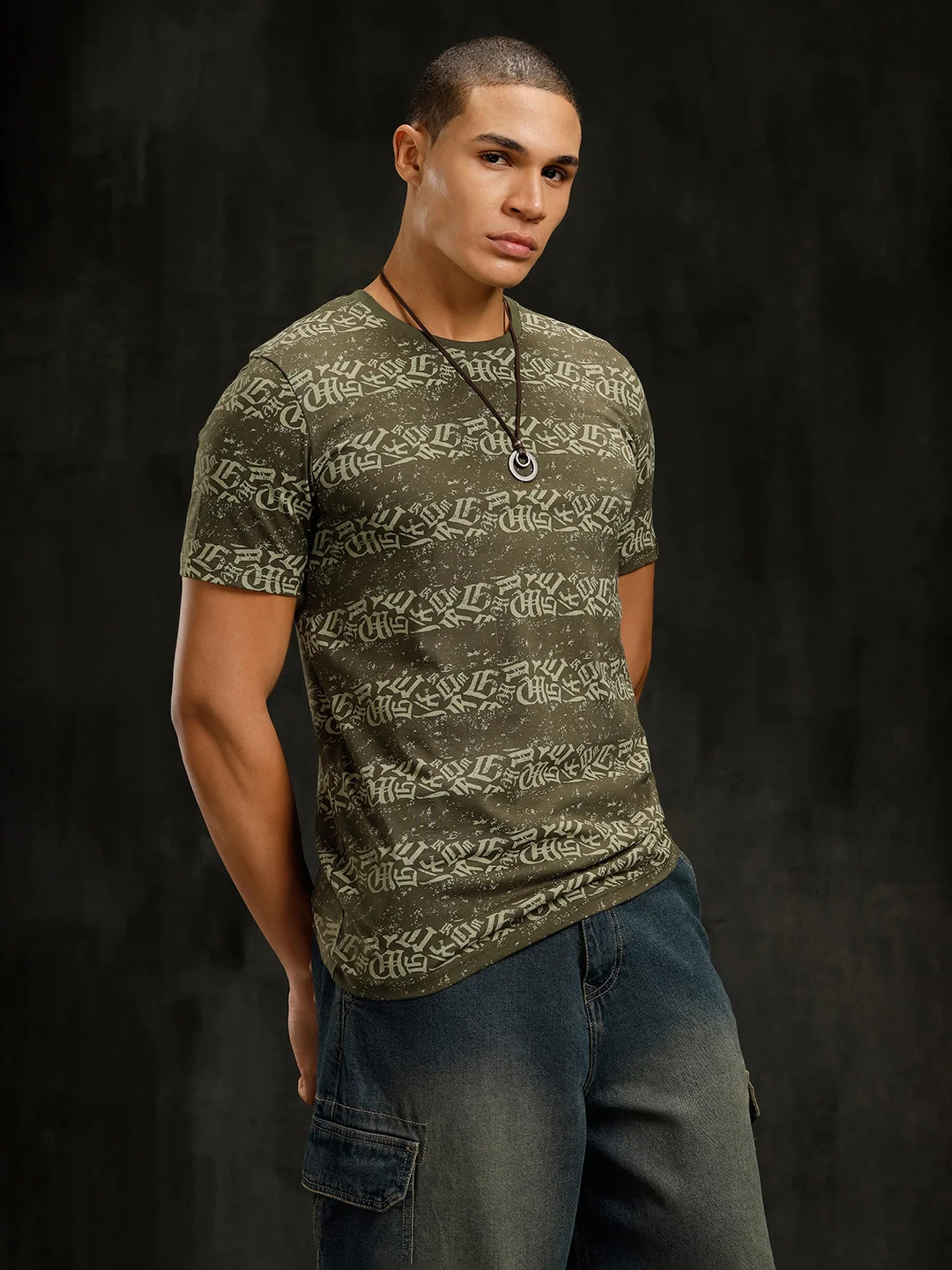 Ancient Script Striped AOP T-Shirt | Olive - Image 4