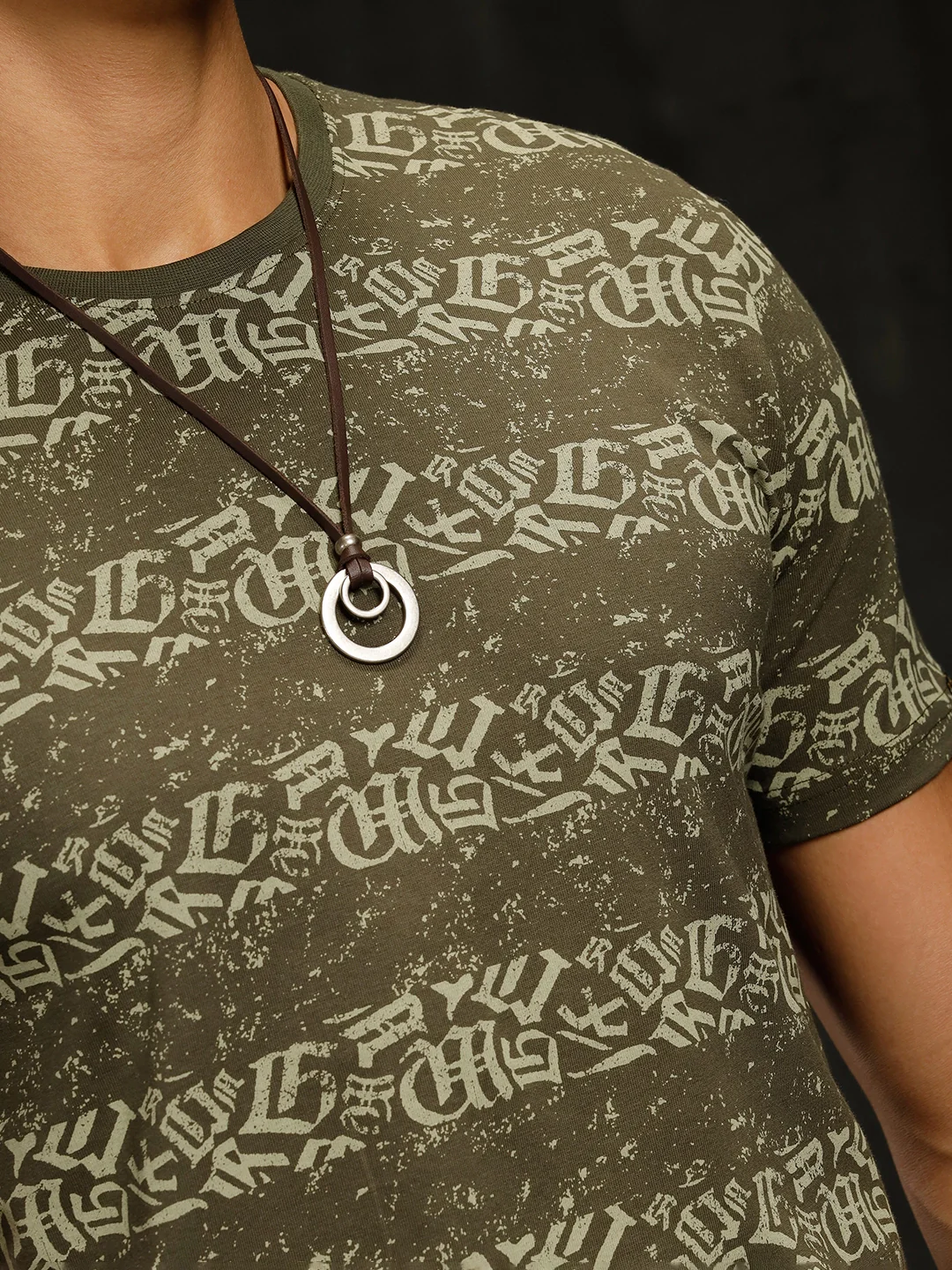 Ancient Script Striped AOP T-Shirt | Olive - Image 5
