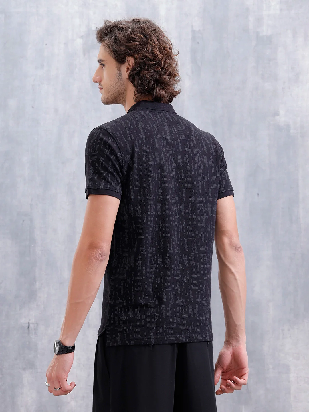 Aop Printed Slim Fit Polo Collar T-shirt | Black - Image 3