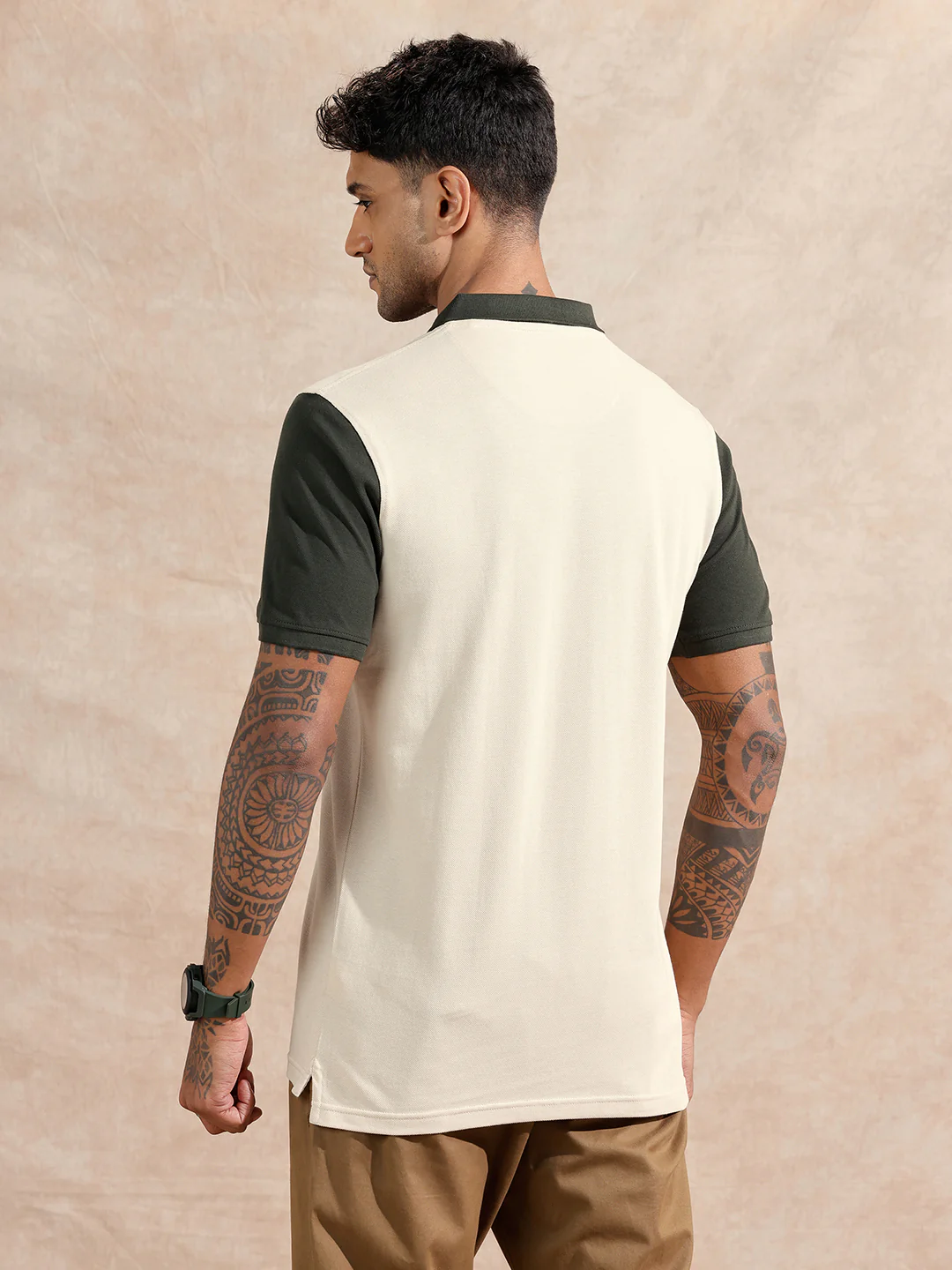 Assymetrical Striped Polo T-Shirt | Beige & Olive - Image 3