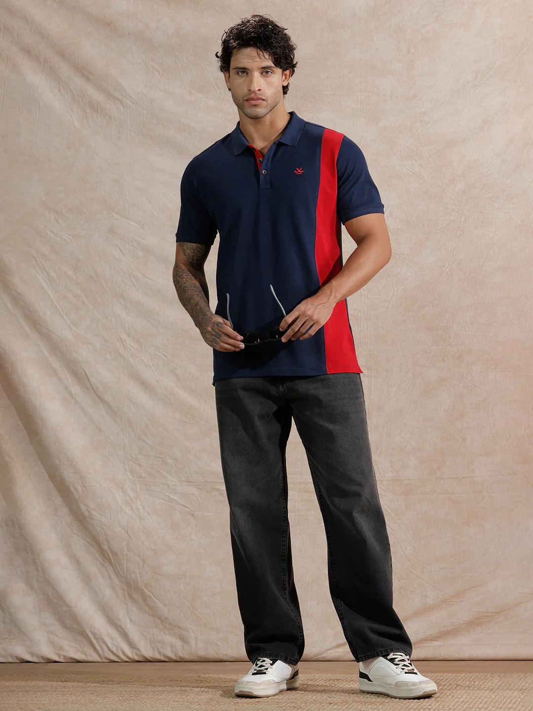 Asymmetric Colour Blocked Polo T-Shirt  | Navy Blue - Image 2