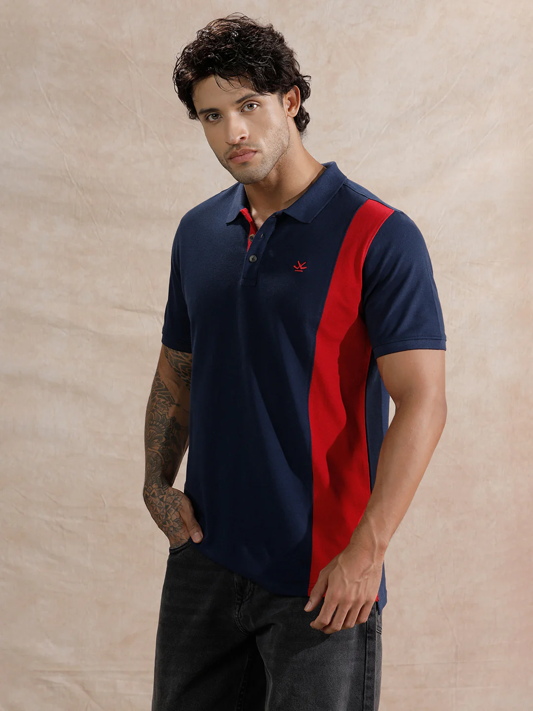 Asymmetric Colour Blocked Polo T-Shirt  | Navy Blue - Image 4