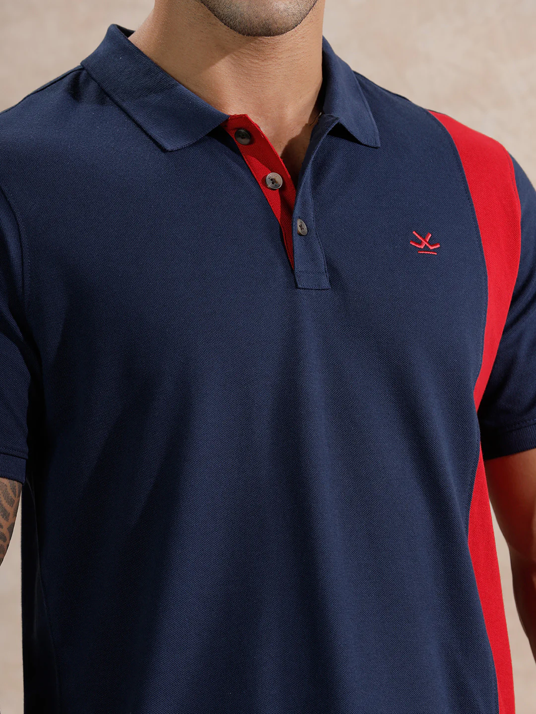 Asymmetric Colour Blocked Polo T-Shirt  | Navy Blue - Image 5