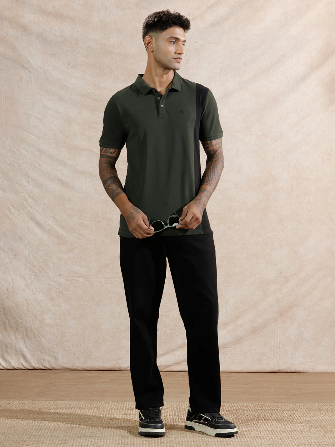 Asymmetric Colour Blocked Polo T-Shirt | Olive - Image 2