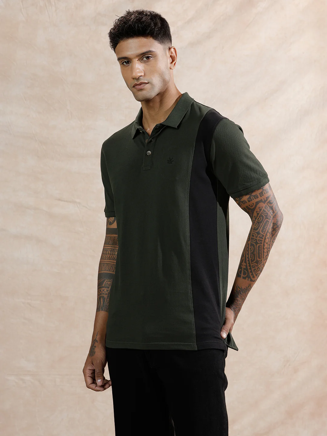 Asymmetric Colour Blocked Polo T-Shirt | Olive - Image 4