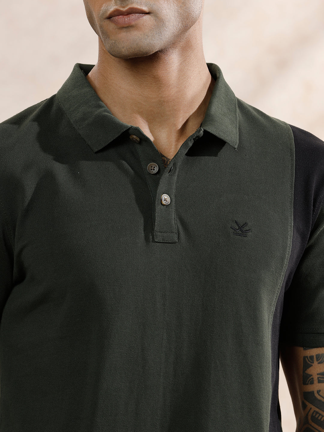 Asymmetric Colour Blocked Polo T-Shirt | Olive - Image 5