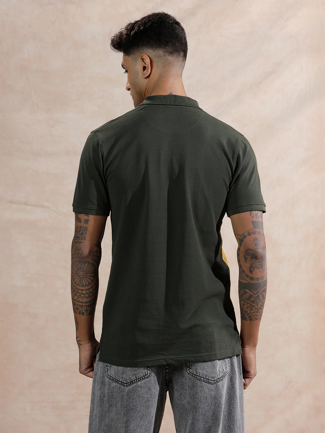 Asymmetric Colour Blocked Polo T-Shirt | Yellow & Olive - Image 3
