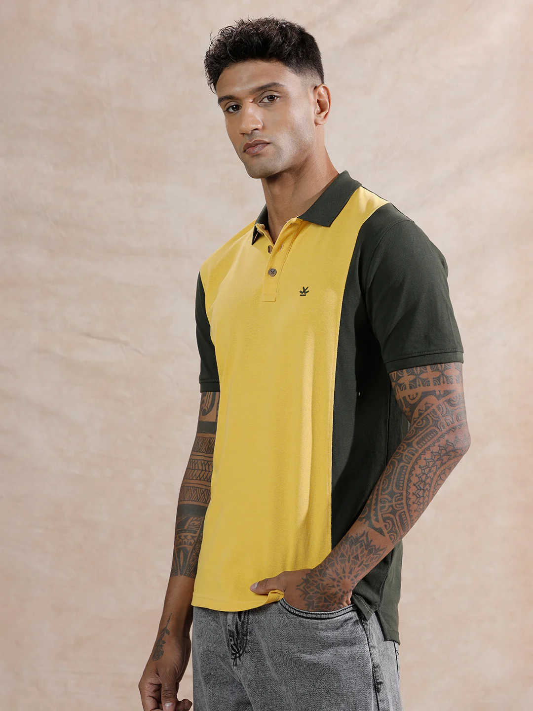 Asymmetric Colour Blocked Polo T-Shirt | Yellow & Olive - Image 4