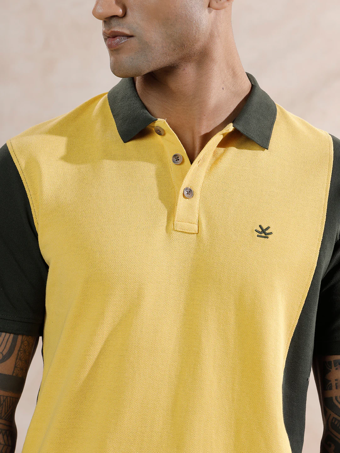 Asymmetric Colour Blocked Polo T-Shirt | Yellow & Olive - Image 5