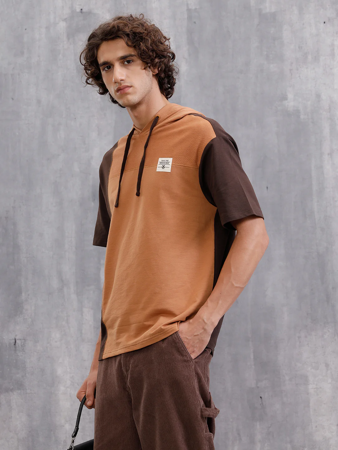 Asymmetrical Colorblocked Textured Hoodie With Printed Canvas Patch | Brown - Image 2