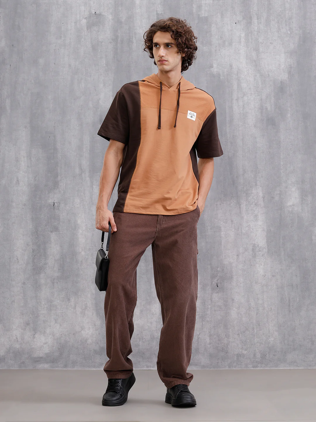 Asymmetrical Colorblocked Textured Hoodie With Printed Canvas Patch | Brown - Image 3