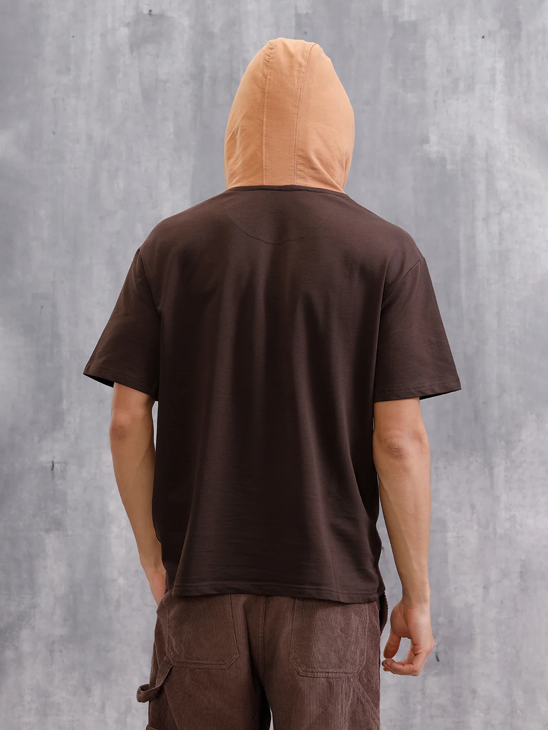 Asymmetrical Colorblocked Textured Hoodie With Printed Canvas Patch | Brown - Image 4
