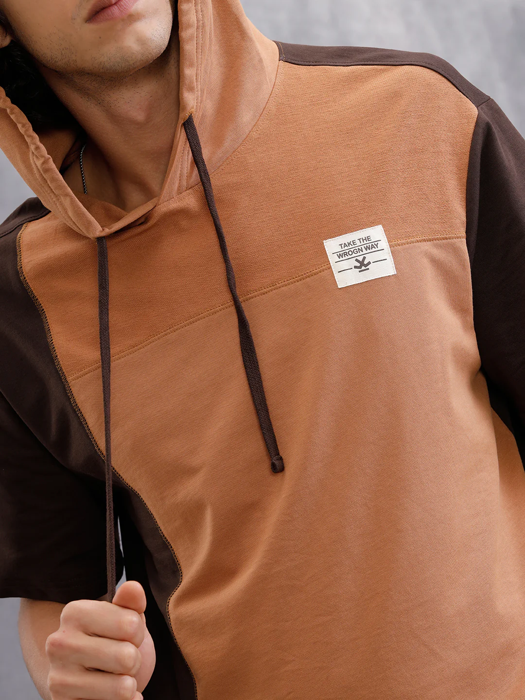 Asymmetrical Colorblocked Textured Hoodie With Printed Canvas Patch | Brown - Image 5