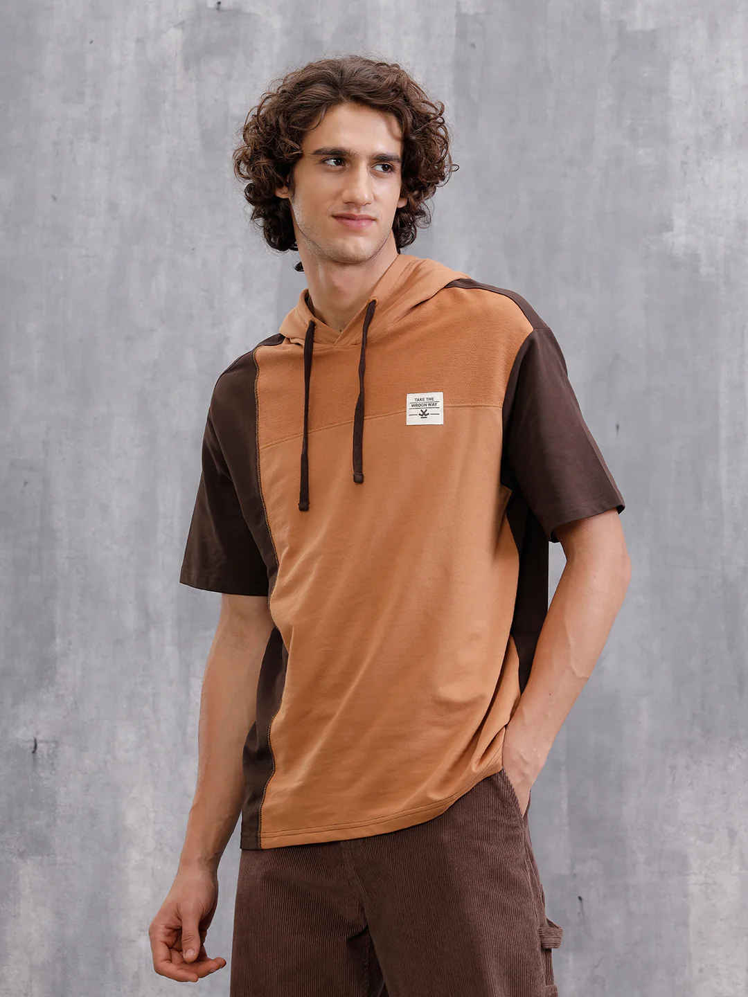 Asymmetrical Colorblocked Textured Hoodie With Printed Canvas Patch | Brown - Image 6